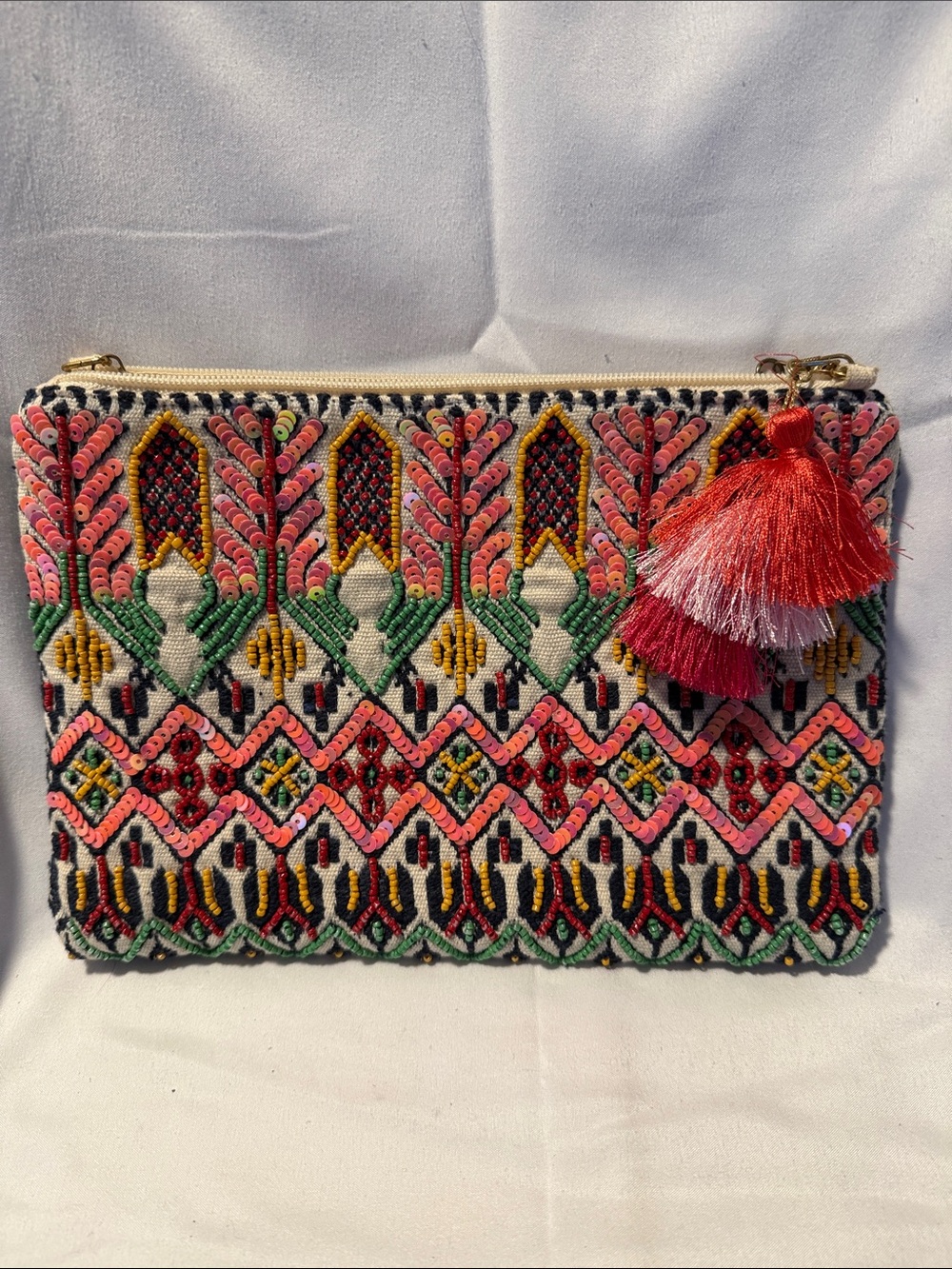 Embroidered & Sequined Pink Multicolor Tassel Clutch